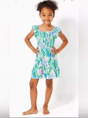 Lily Pulitzer kids  Floral Summer Dress in White, Green & Blue medium